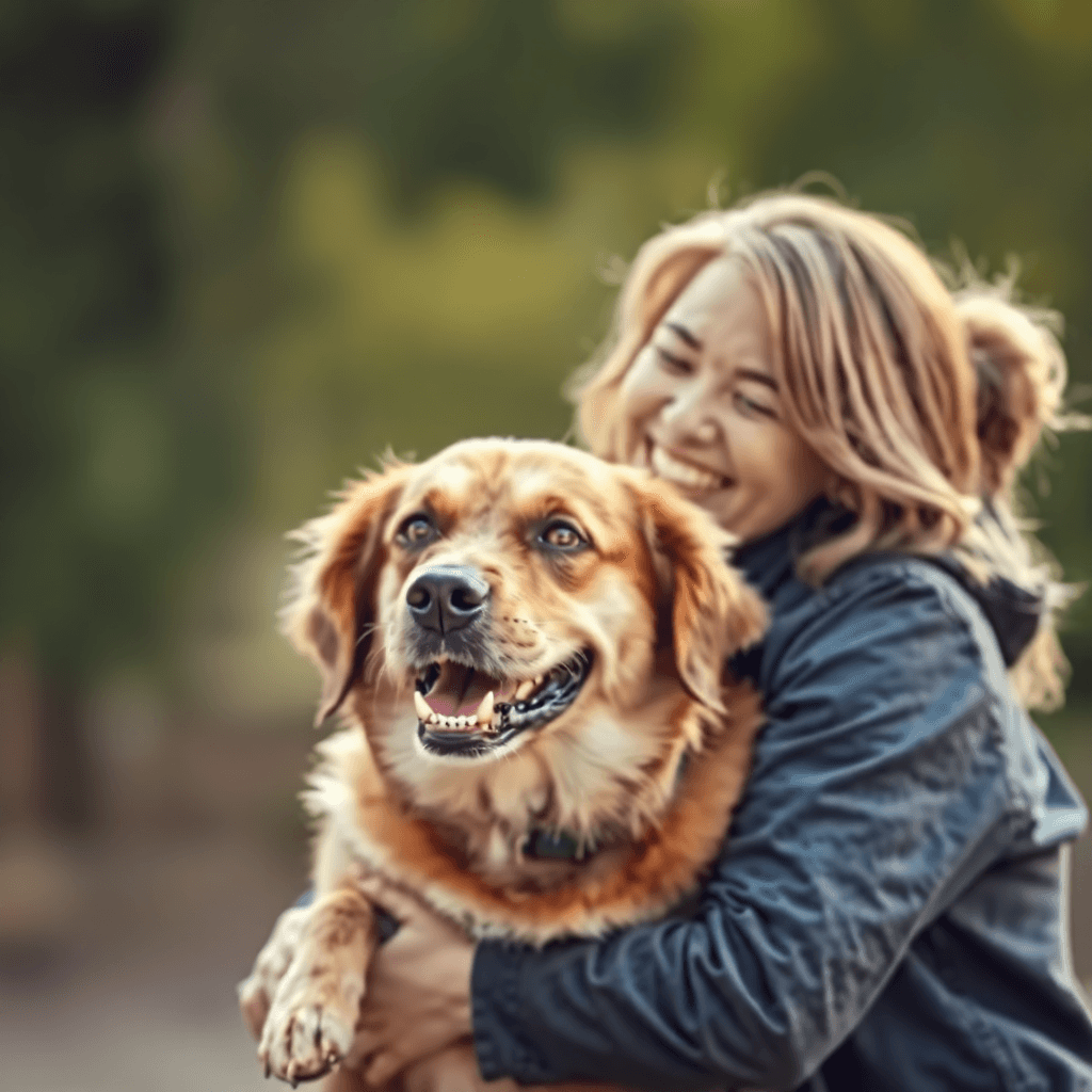 Emotional photo of a happy pet owner reuniting with their dog, bright lighting, high quality, soft focus background