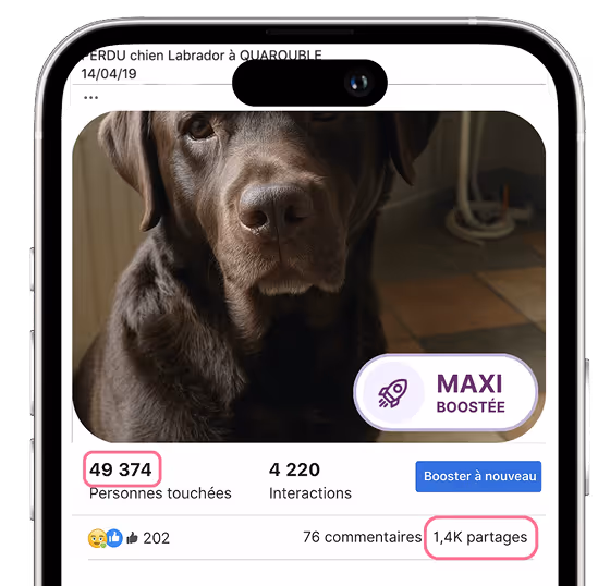 Annonce Pet Alert Premium avec Boost Facebook inclus