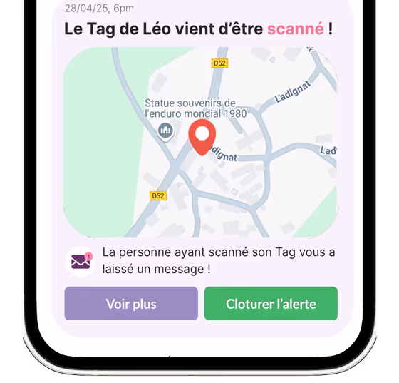 Fiche d'identité Pet Alert ID affichée après scan